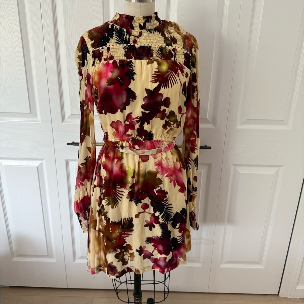 Cream A-line Dress with Bishop Sleeves and Mock Neck